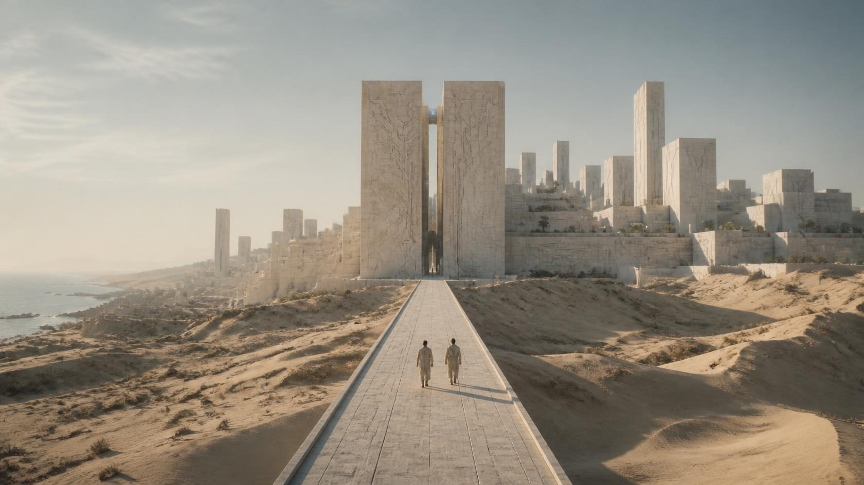 A stone causeway crosses the dunes toward two colossal etched slab towers at the city gate