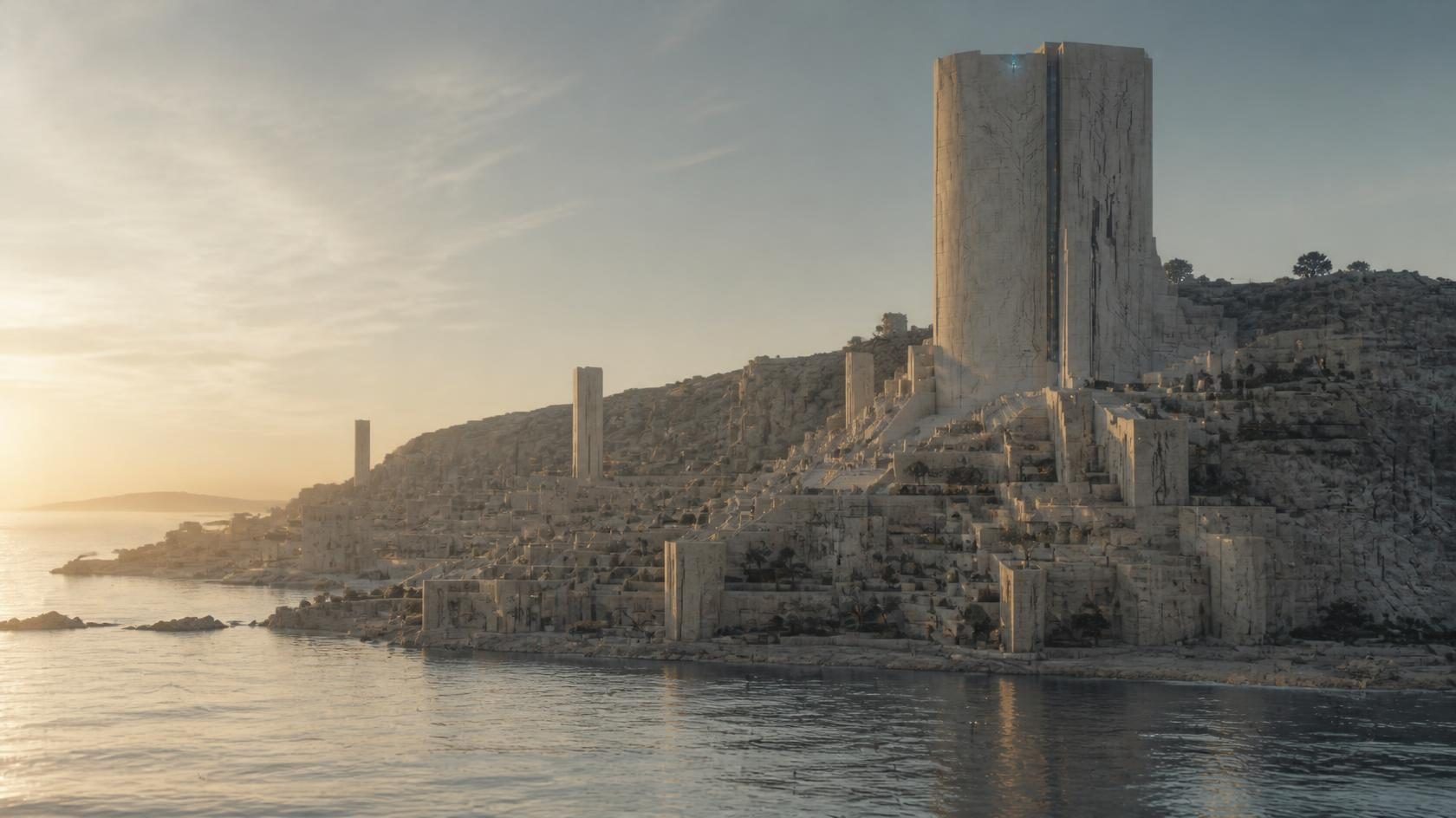 The city's terraces climb a cliff above a calm sea at dusk, crowned by a twin tower with one blue light