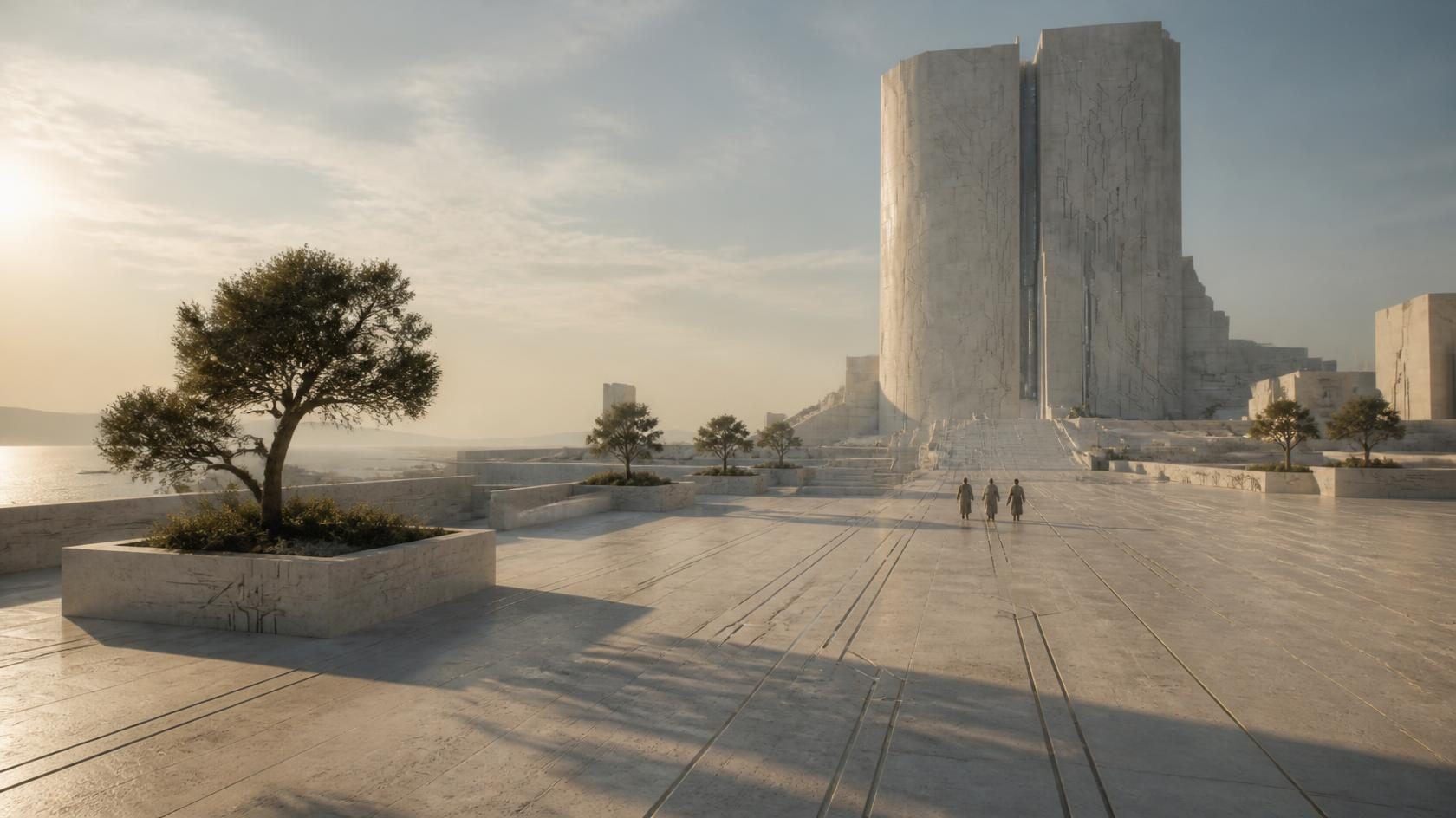Three figures cross a vast stone plaza inlaid with circuit lines toward the etched twin tower