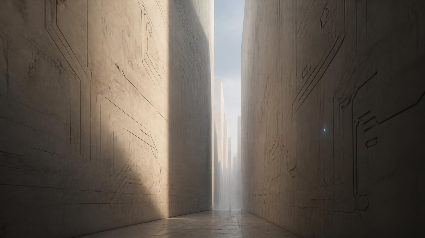 A narrow canyon between towering walls carved with circuitry, one small blue light, a lone figure far ahead