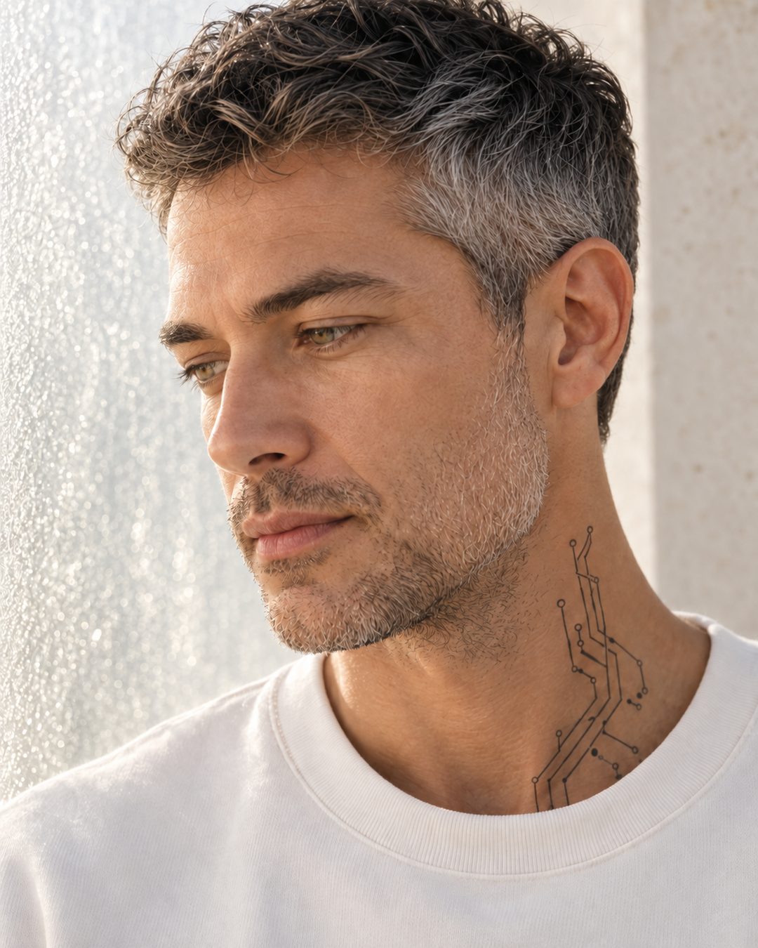 Hal Lucien looking down, a fine black circuit tattoo running down his neck
