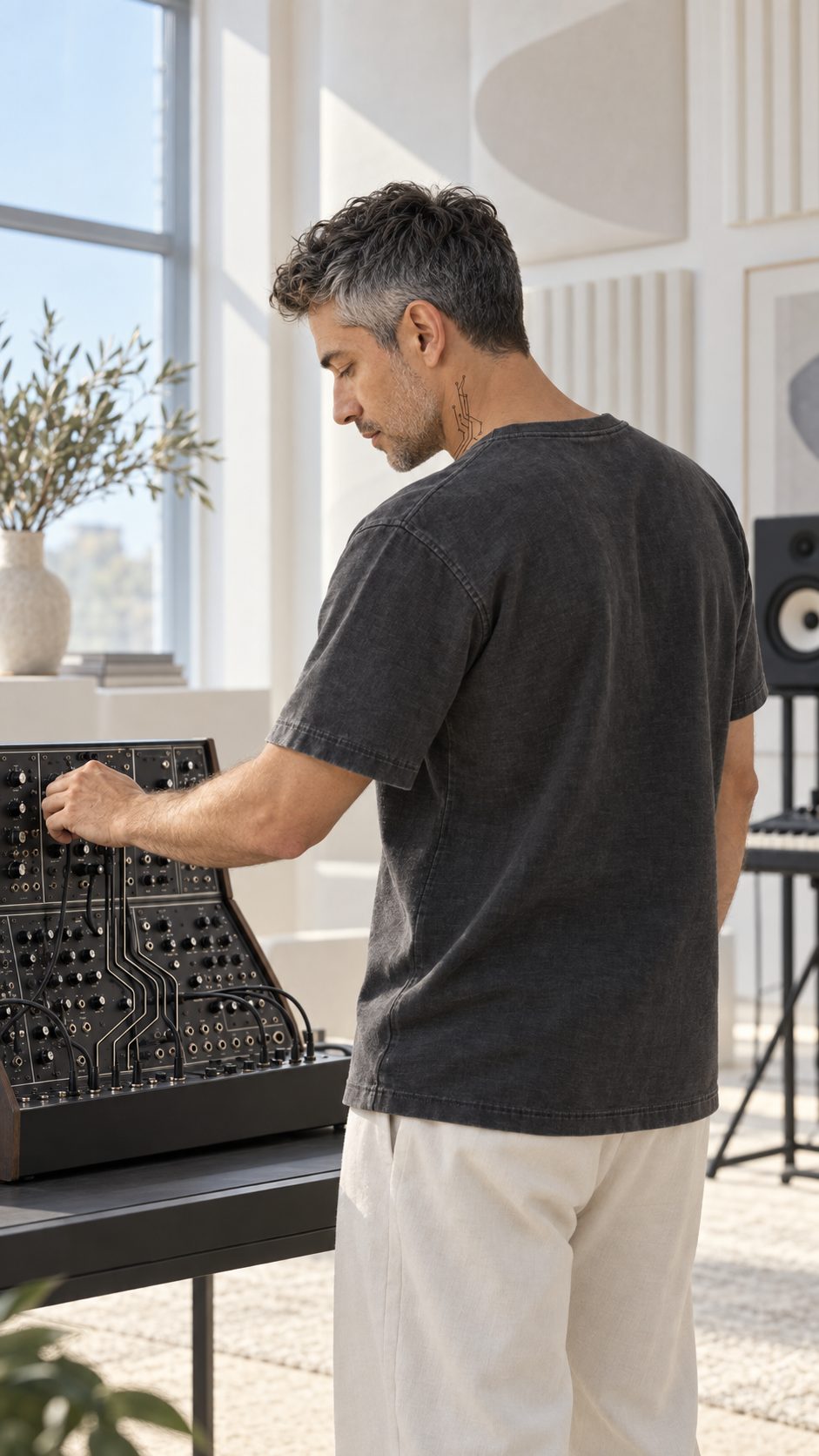 Hal Lucien patching a modular synthesizer in a bright studio